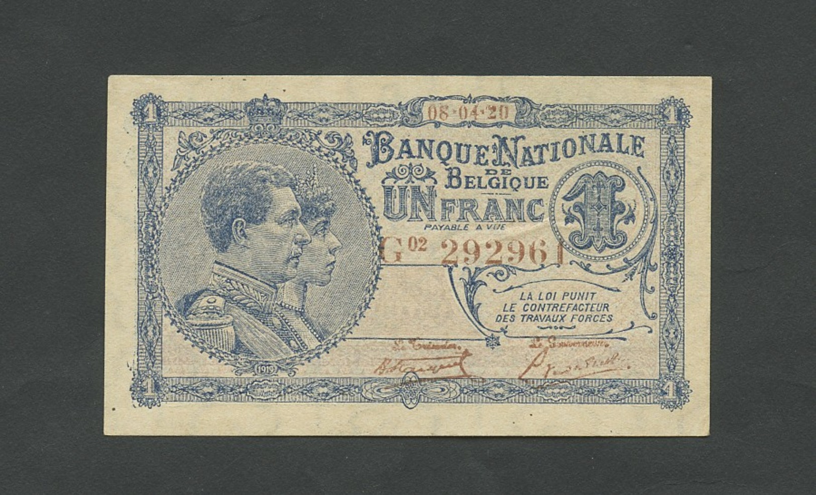 BELGIUM  1 Franc  1920  B4 P92  Uncirculated  Banknotes - 1 Franc