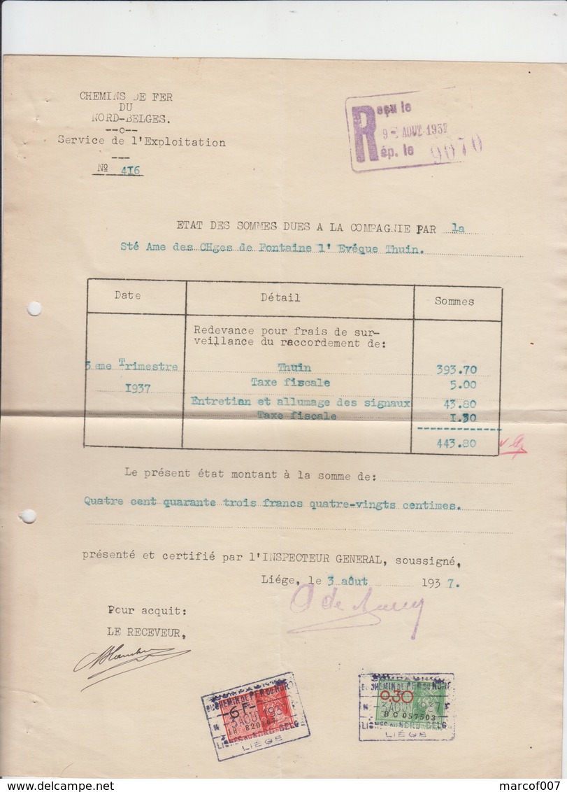 CHEMIN DE FER NORD BELGE  - CHARBONNAGES DE THUIN - FONTAINE L EVEQUE - 1937 - Transportmiddelen