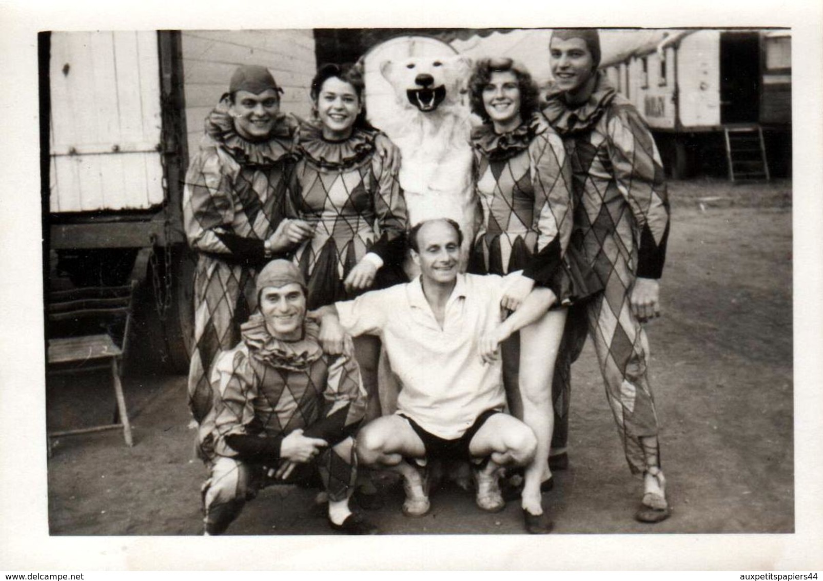 Photo Originale Déguisement Et Eisbär - Ours Blanc Polaire Au Cirque Accompagné Par Un Groupe D'Arlequins Vers 1960 - Personnes Anonymes