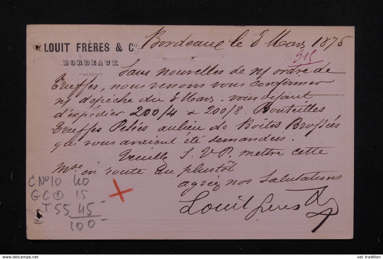 FRANCE - Carte Précurseur Commerciale De Bordeaux Pour Crest En 1875 , Affranchissement Cérès  - L 22595 - Cartes Précurseurs