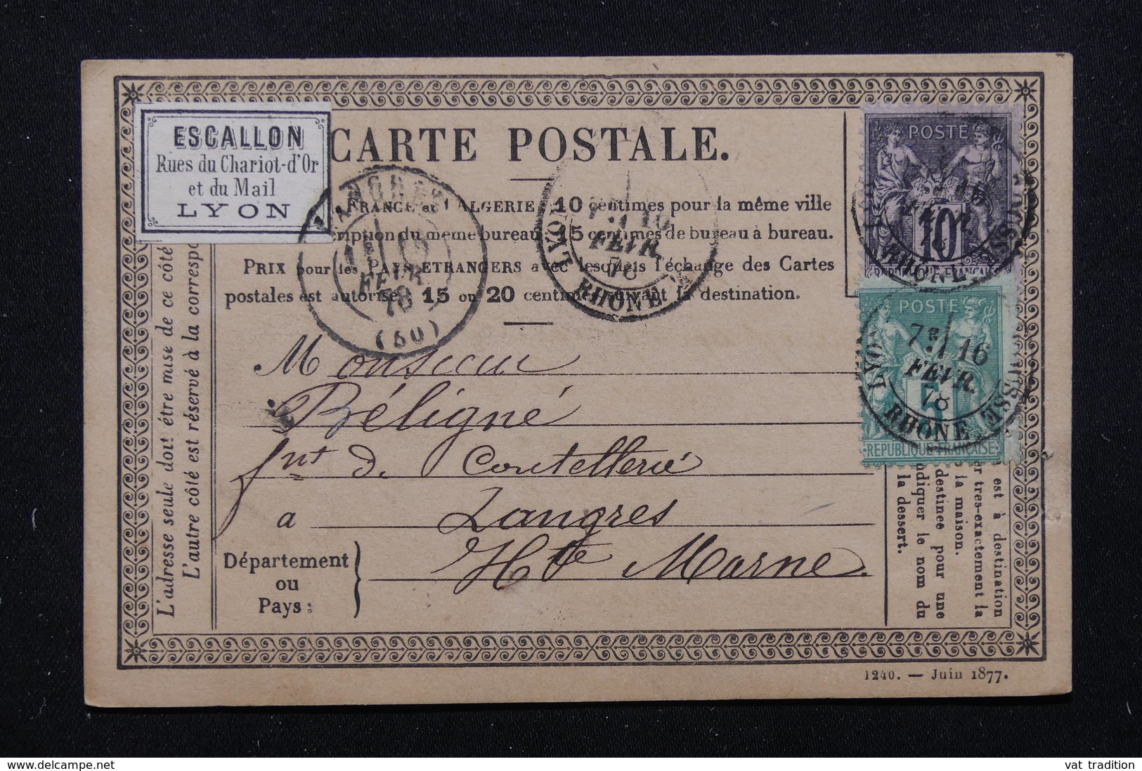FRANCE - Carte Précurseur Commerciale De Lyon Pour Langres En 1878 , Affranchissement Sages - L 22596 - Cartes Précurseurs