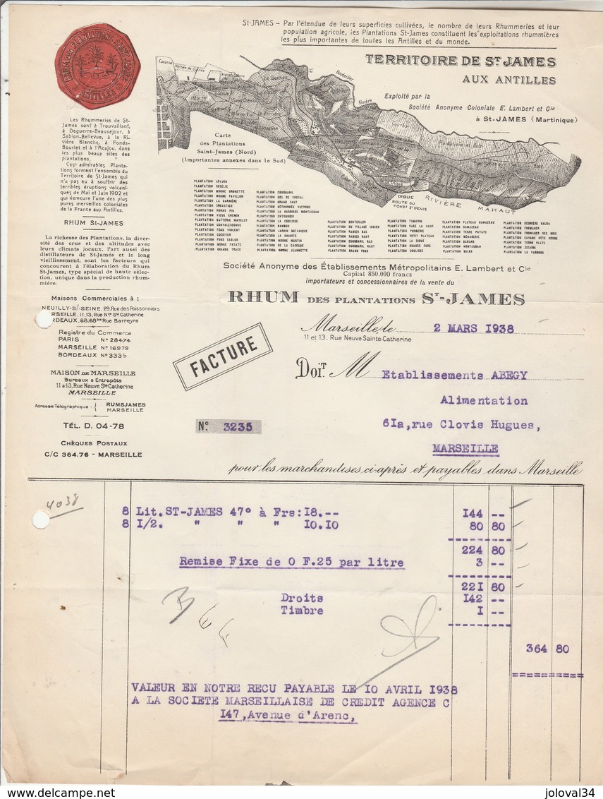 Facture Illustrée 2/3/1938 E LAMBERT Rhum Des Plantations St James MARSEILLE - Abegy - 1900 – 1949