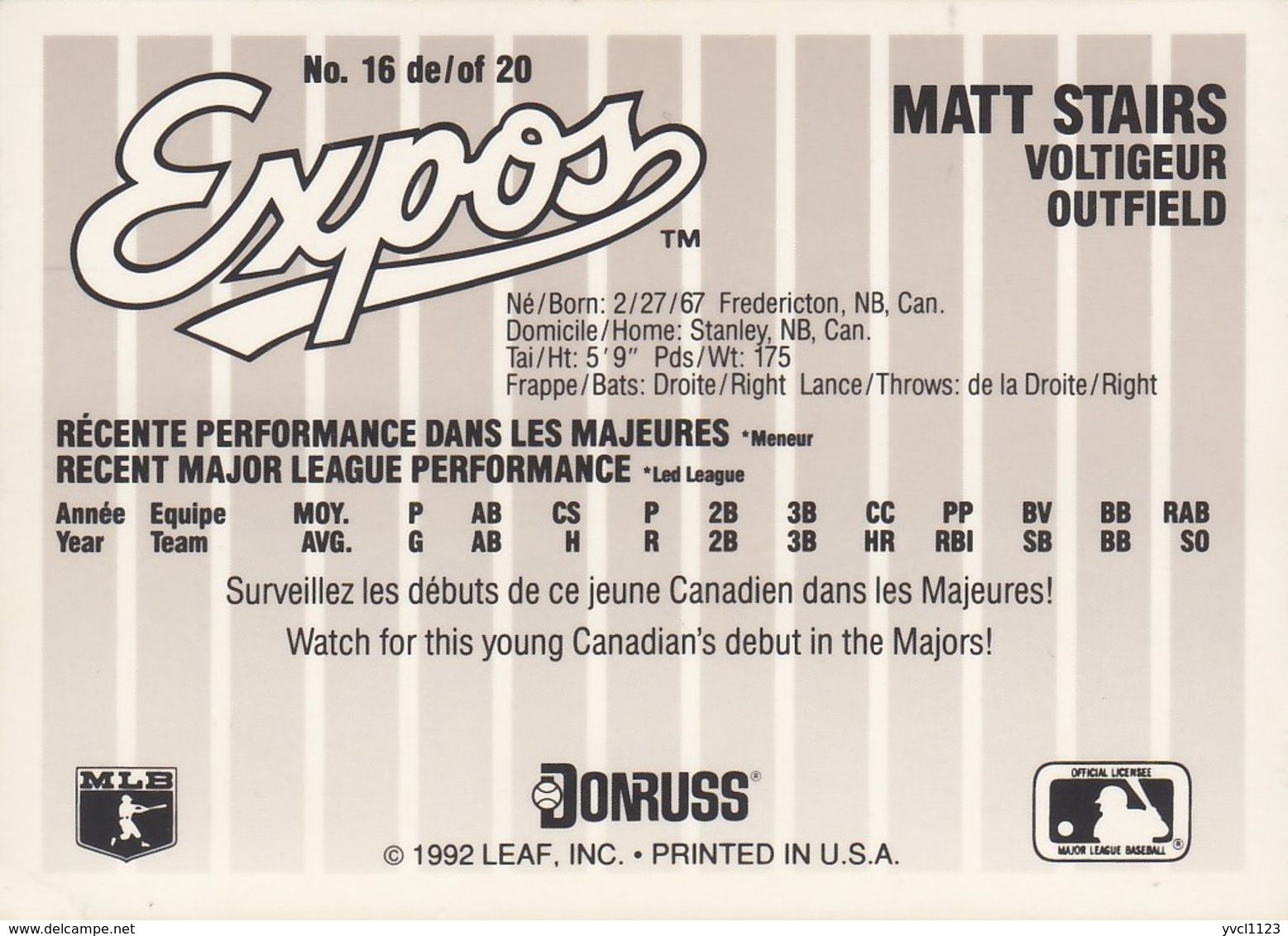 MONTREAL EXPO - Matt Stairs 16 Of 20, Donruss Durivage (*) (ME207) - 1990-1999