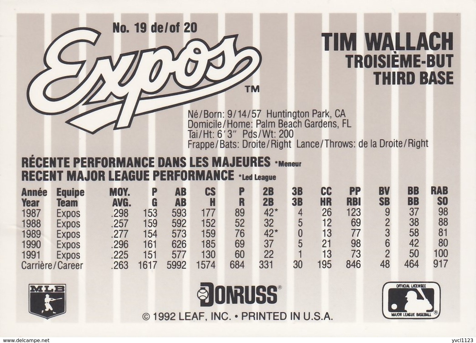 MONTREAL EXPOS - Tim Wallach 19 Of 20, Donruss Durivage (ME216) - 1990-1999