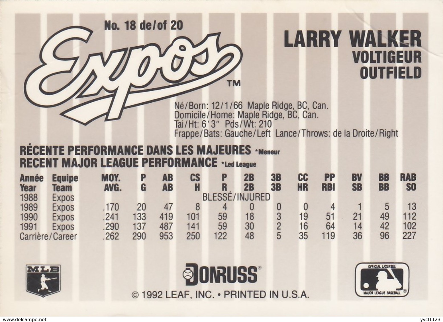 MONTREAL EXPOS - Larry Waslker 18 Of 20, Donruss Durivage (ME227) - 1990-1999