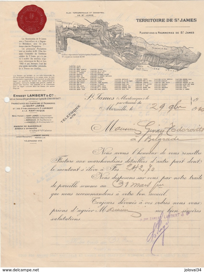 Double Facture Illustrée 29/11/1910 E LAMBERT Rhum Des Plantations St James MARSEILLE - Todorovits Belgrade Serbie - 1900 – 1949