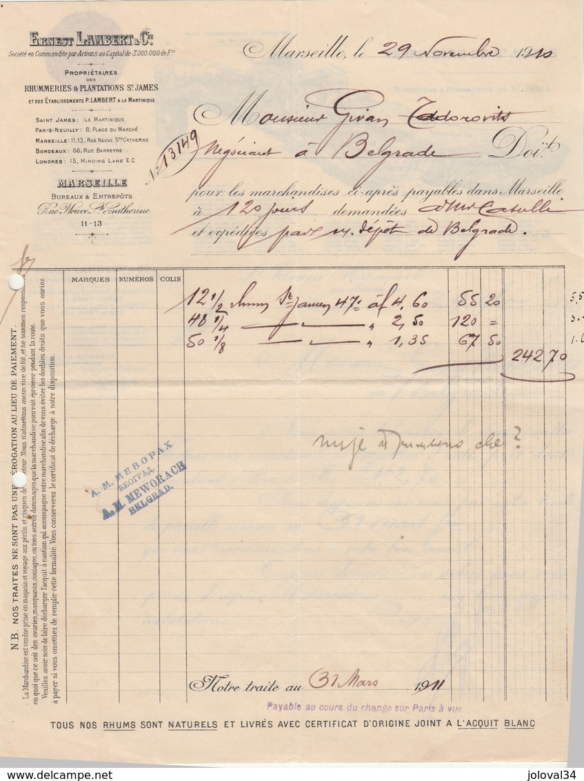 Double Facture Illustrée 29/11/1910 E LAMBERT Rhum Des Plantations St James MARSEILLE - Todorovits Belgrade Serbie - 1900 – 1949