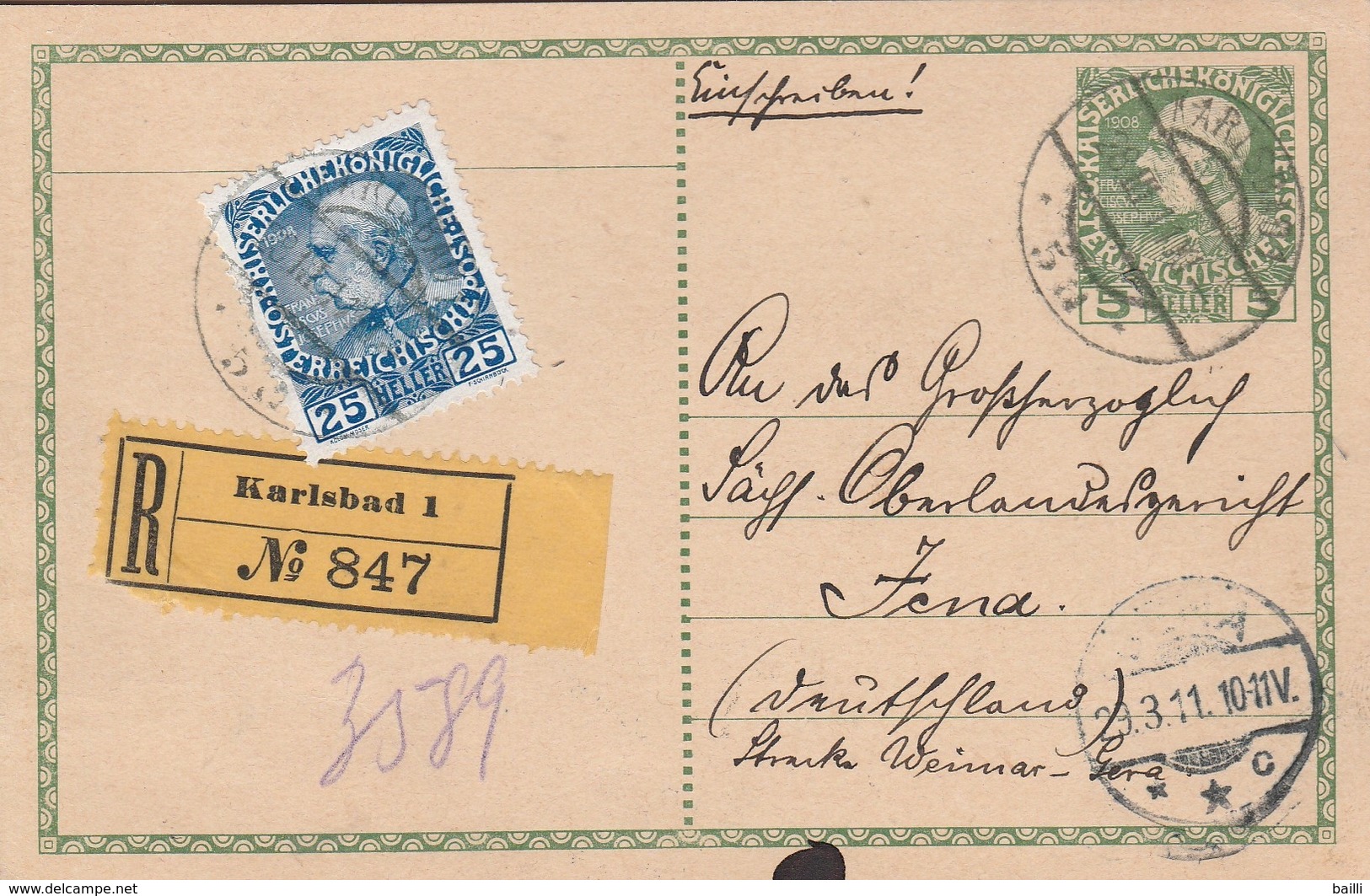 Autriche Entier Postal Recommandé Karlsbad Pour L'Allemagne 1911 - Autres & Non Classés