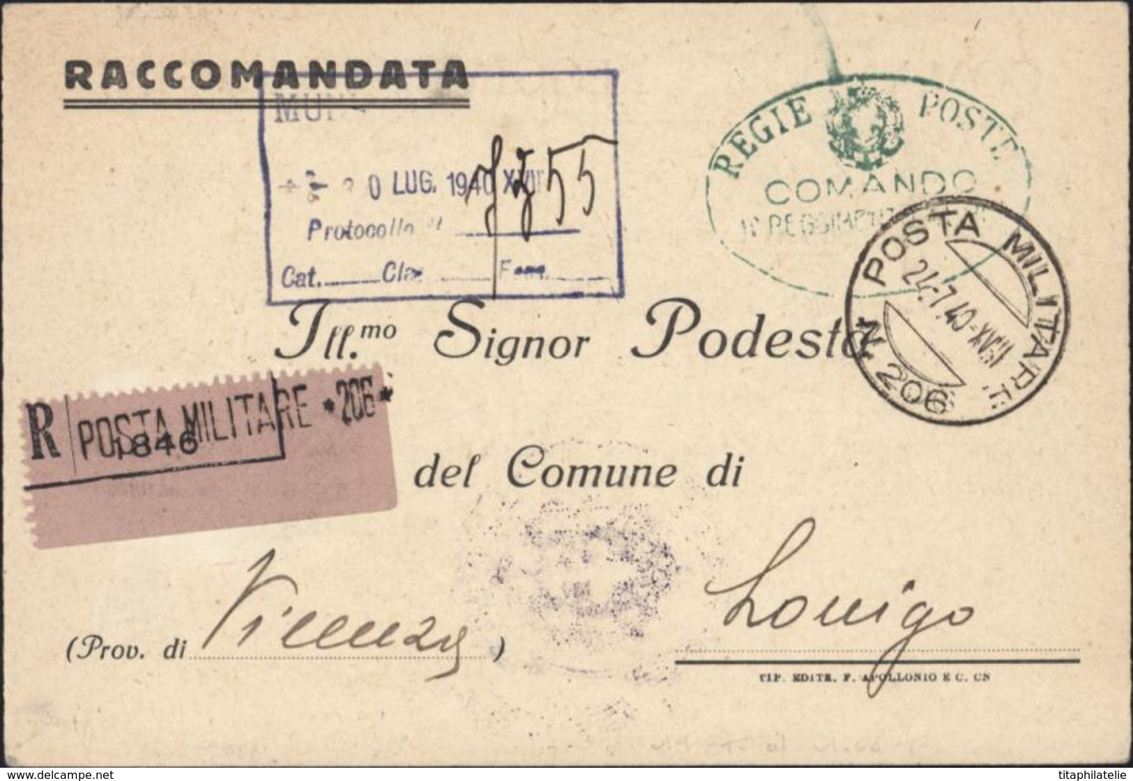 Guerre 40 CP FM Italie Posta Militare 206 Division Alpine Pisteria Recommandé 24 7 40 Cachet + Carte 11 Régiment Alpin - Guerra Del 1939-45