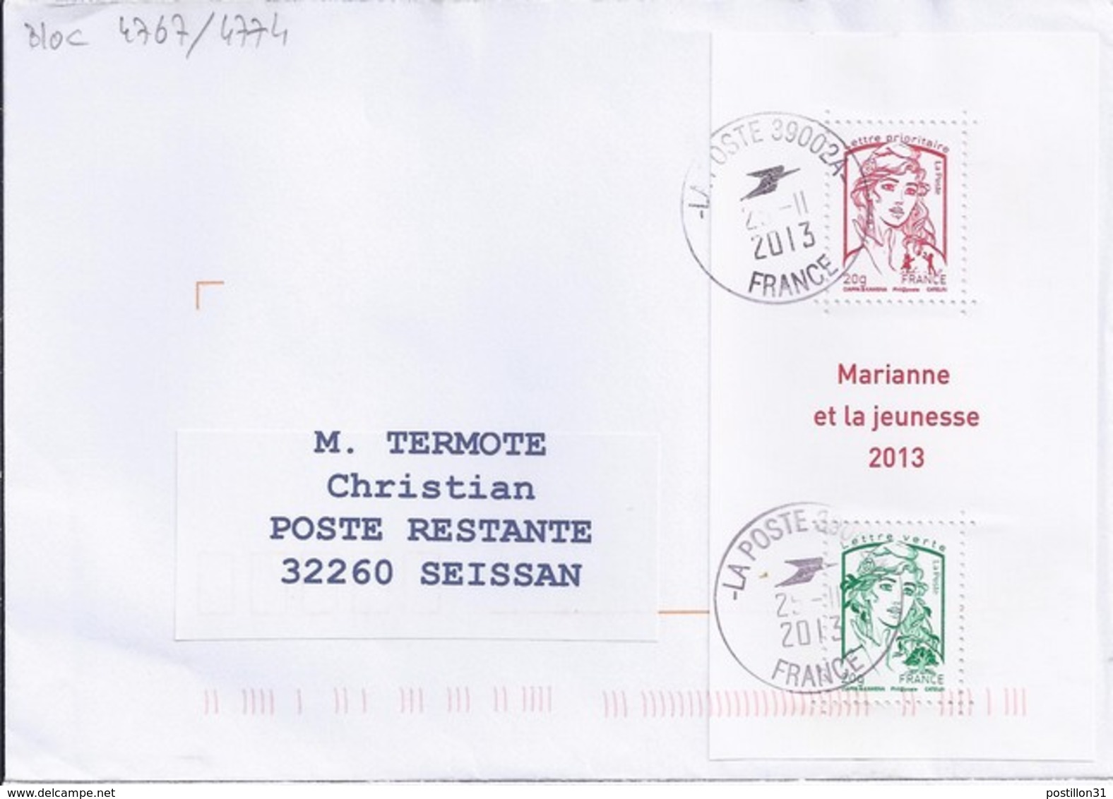 MARIANNE DE CHIAPPA  N°4767/4774 BLOC  SUR LETTRE DE 2013 POUR POSTE RESTANTE - 2013-2018 Marianne De Ciappa-Kawena