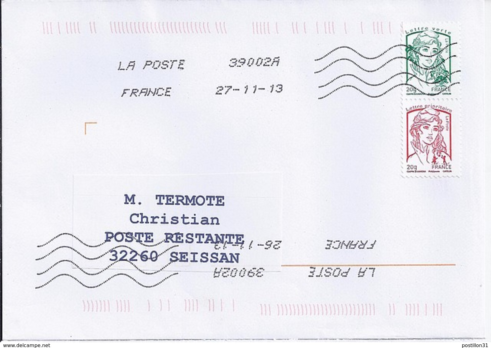 MARIANNE DE CHIAPPA  N°4767a/4774a PAIRE  SUR LETTRE DE 2013 POUR POSTE RESTANTE - 2013-2018 Marianne De Ciappa-Kawena