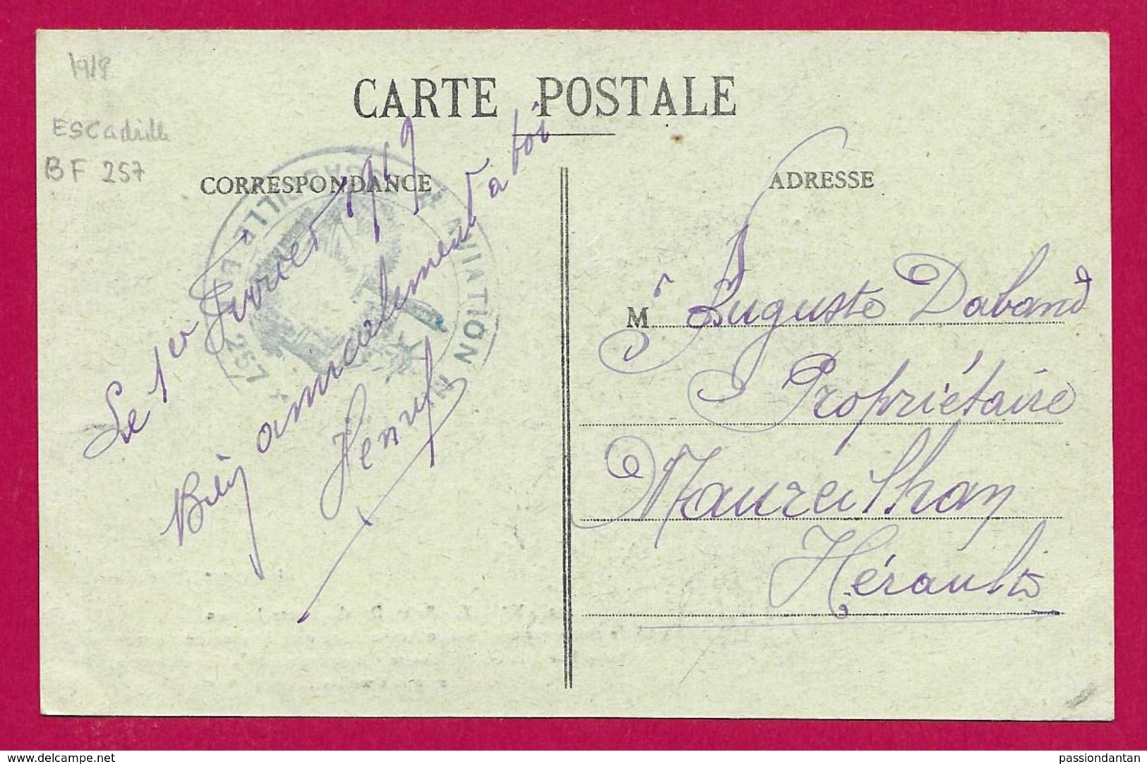 Correspondance Sur Carte Postale Datée De 1919 - Aviation Militaire - Tampon Escadrille BF 257 - Guerre De 1914-18