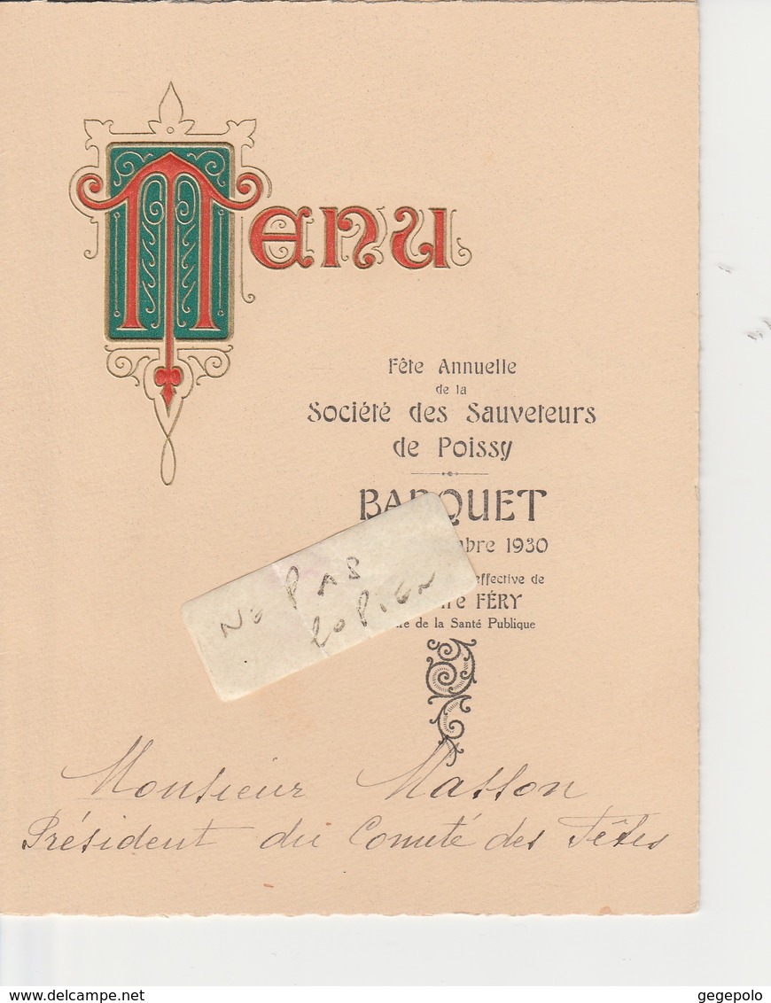 78 - Société Des Sauveteurs De POISSY - Menu Du Banquet Du 07 Décembre 1930 (   4 Pages 12 Cm X 16 Cm ) - Menükarten
