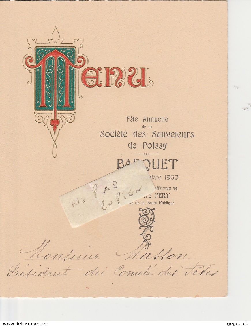 78 - Société Des Sauveteurs De POISSY - Menu Du Banquet Du 07 Décembre 1930 (   4 Pages 12 Cm X 16 Cm ) - Menus