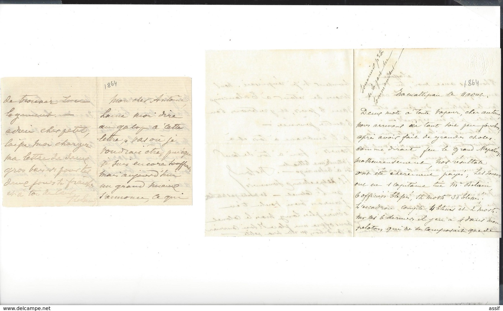 MEXIQUE MEXICO Dossier  Roland du Luart 5 è Hussards  Autographe 1864 + 2 lettres récit combat Etla 20 p.( 3 è Zouaves )