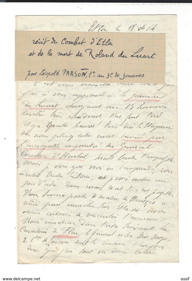 MEXIQUE MEXICO Dossier  Roland du Luart 5 è Hussards  Autographe 1864 + 2 lettres récit combat Etla 20 p.( 3 è Zouaves )