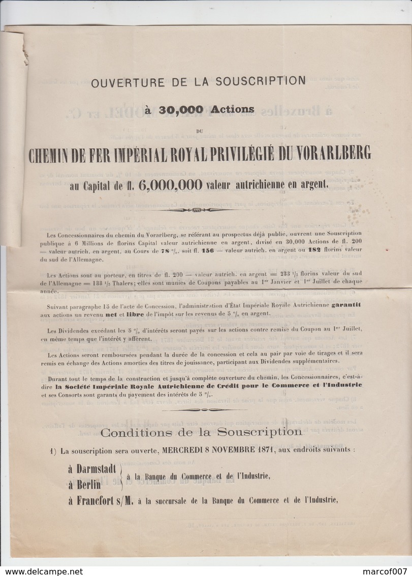 CHEMIN DE FER IMPÉRIAL ROYAL DU VORARLBERG - ACTIONS  BRUXELLES - 1871  - 2 DOCUMENTS - Transport