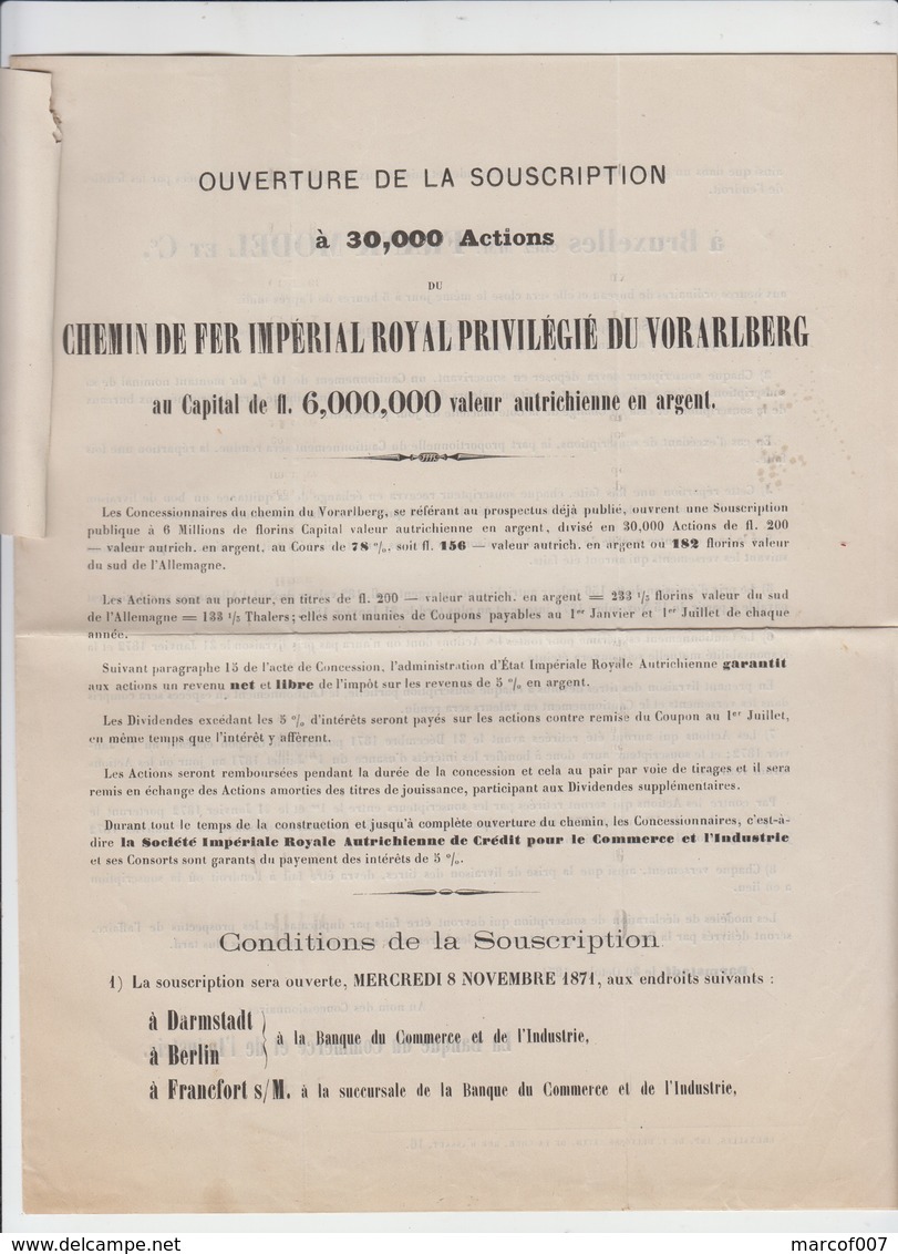 CHEMIN DE FER IMPÉRIAL ROYAL DU VORARLBERG - ACTIONS  BRUXELLES - 1871  - 2 DOCUMENTS - Transportmiddelen