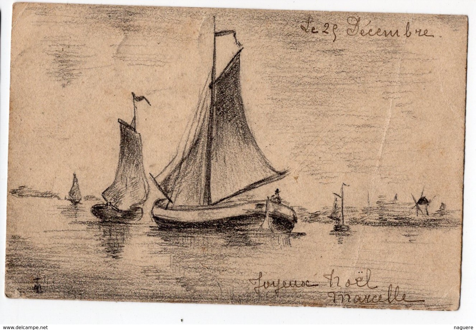 MARINE DESSIN  REALISEE SUR CARTE POSTALE ANCIENNE - Dessins