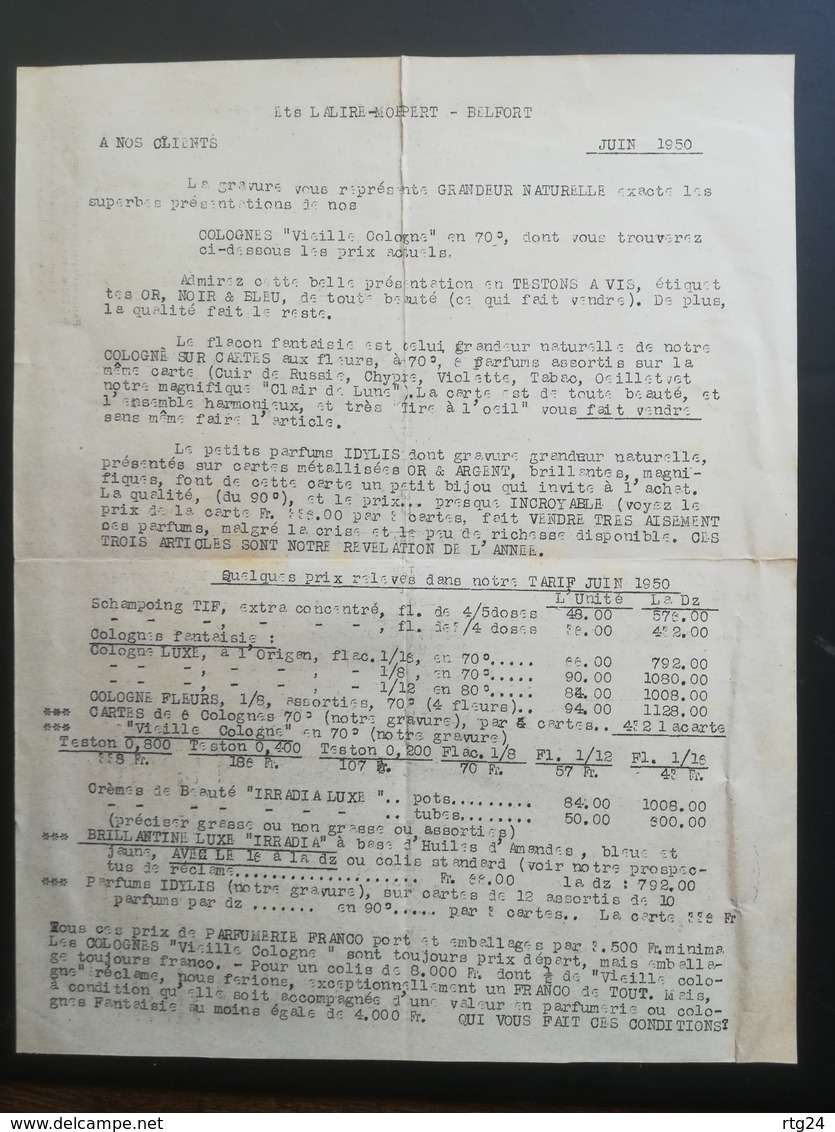 ETABLISSEMENTS LALIRE- MOPPERT A BELFORT .EAUX DE COLOGNE . DOC PUBLICITAIRE + TARIF DE 1950. 2 DOCUMENTS . - Publicités