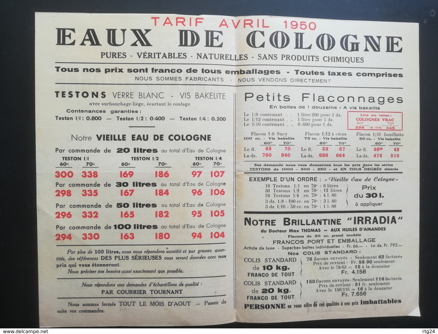 ETABLISSEMENTS LALIRE- MOPPERT A BELFORT .EAUX DE COLOGNE . DOC PUBLICITAIRE + TARIF DE 1950. 2 DOCUMENTS . - Publicités