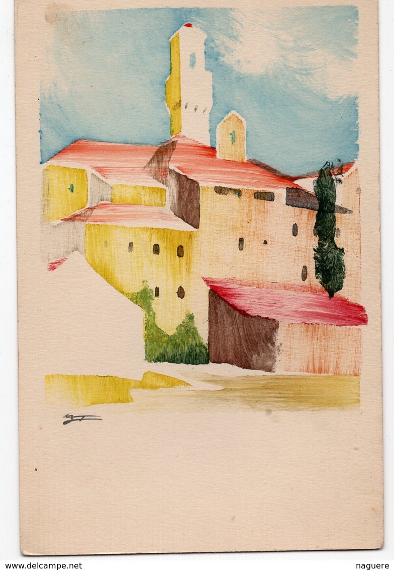 VUE DE ViLLAGE  AQUARELLE SUR PAPIER RIGIDE  FORMAT CARTE POSTALE ANCIENNE  SIGNEE - Aquarelles