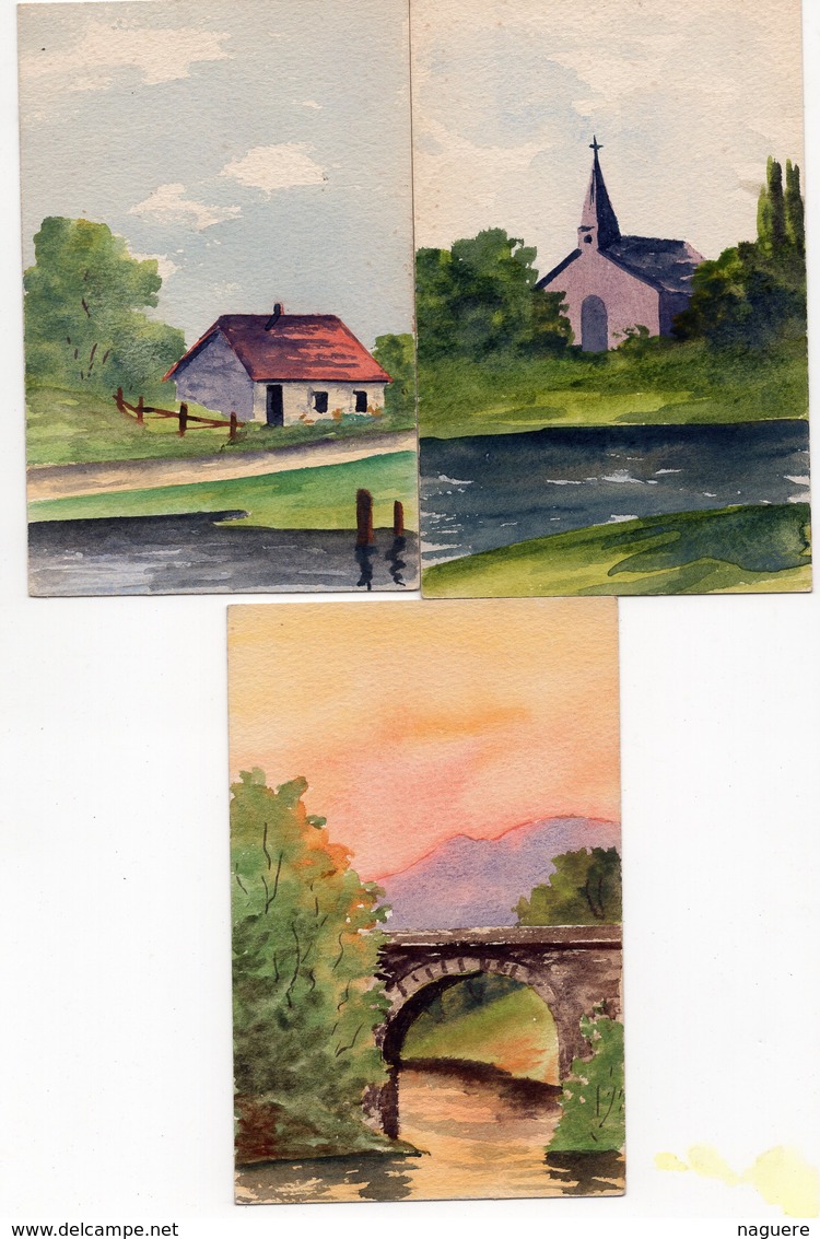 MAISON EGLISE PONT AQUARELLE REALISE SUR CARTE POSTALE ANCIENNE  3 CARTES DIFFERENTES - Aquarelles