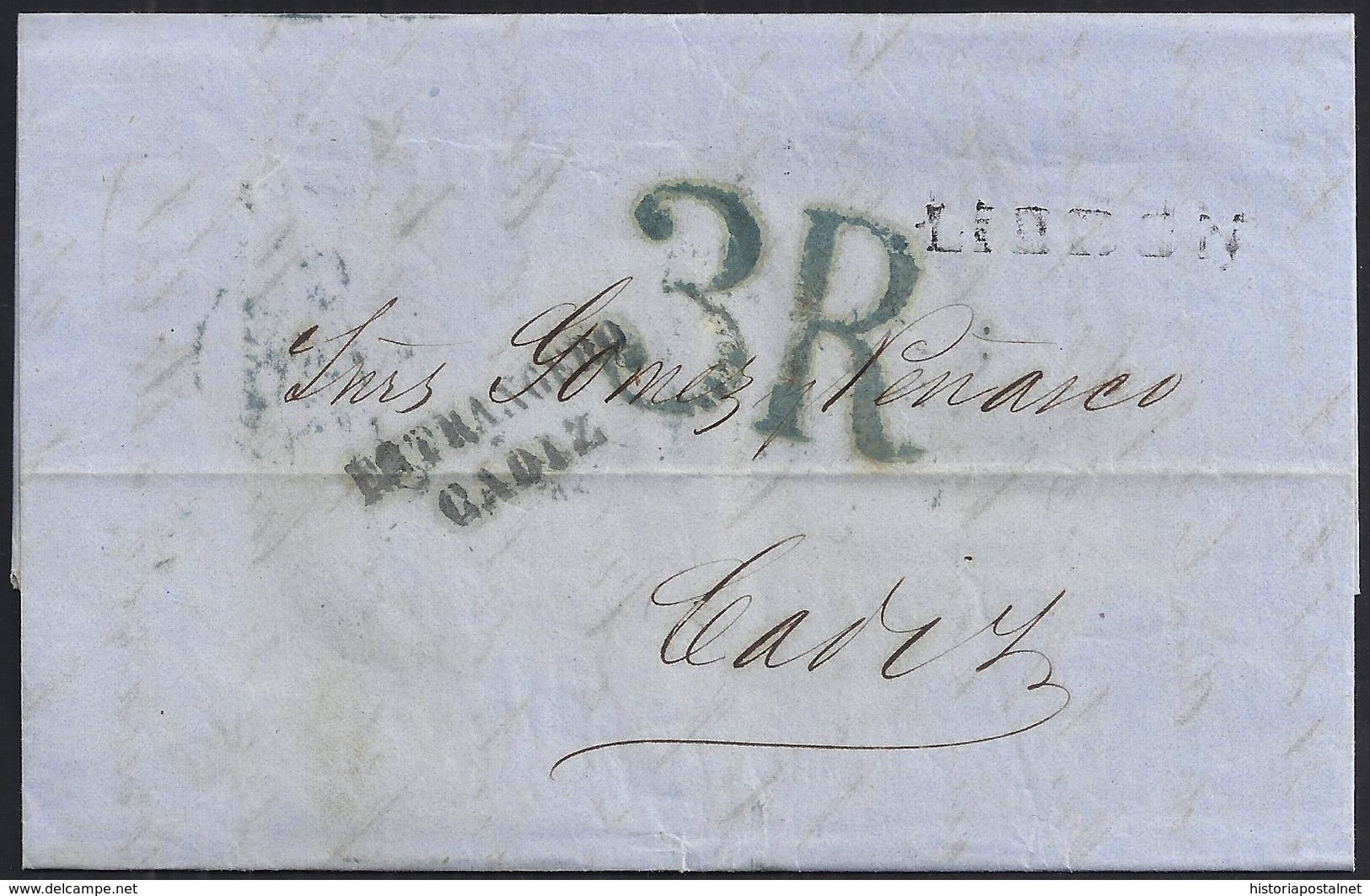 1856. LISBOA A CÁDIZ. MARCA LINEAL "LISBON" NEGRO. PORTEO 3R REALES AZUL."ESTRANGERO/CADIZ" NEGRO. CUÑO FRANQUEO INSUF. - ...-1853 Prefilatelia