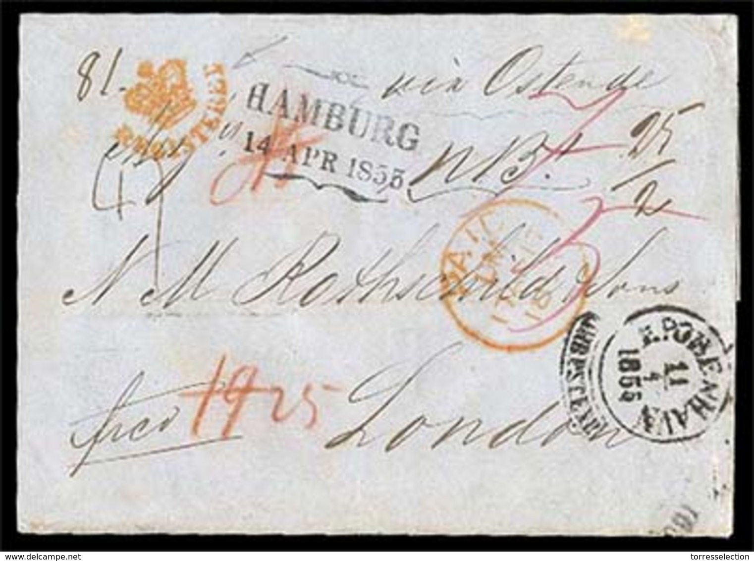 DENMARK. DENMARK-GERMANY-GB. 1855 (April 14). Registered Cover To London Endorsed "Via Ostende" With Despatch Of Scarce - Autres & Non Classés