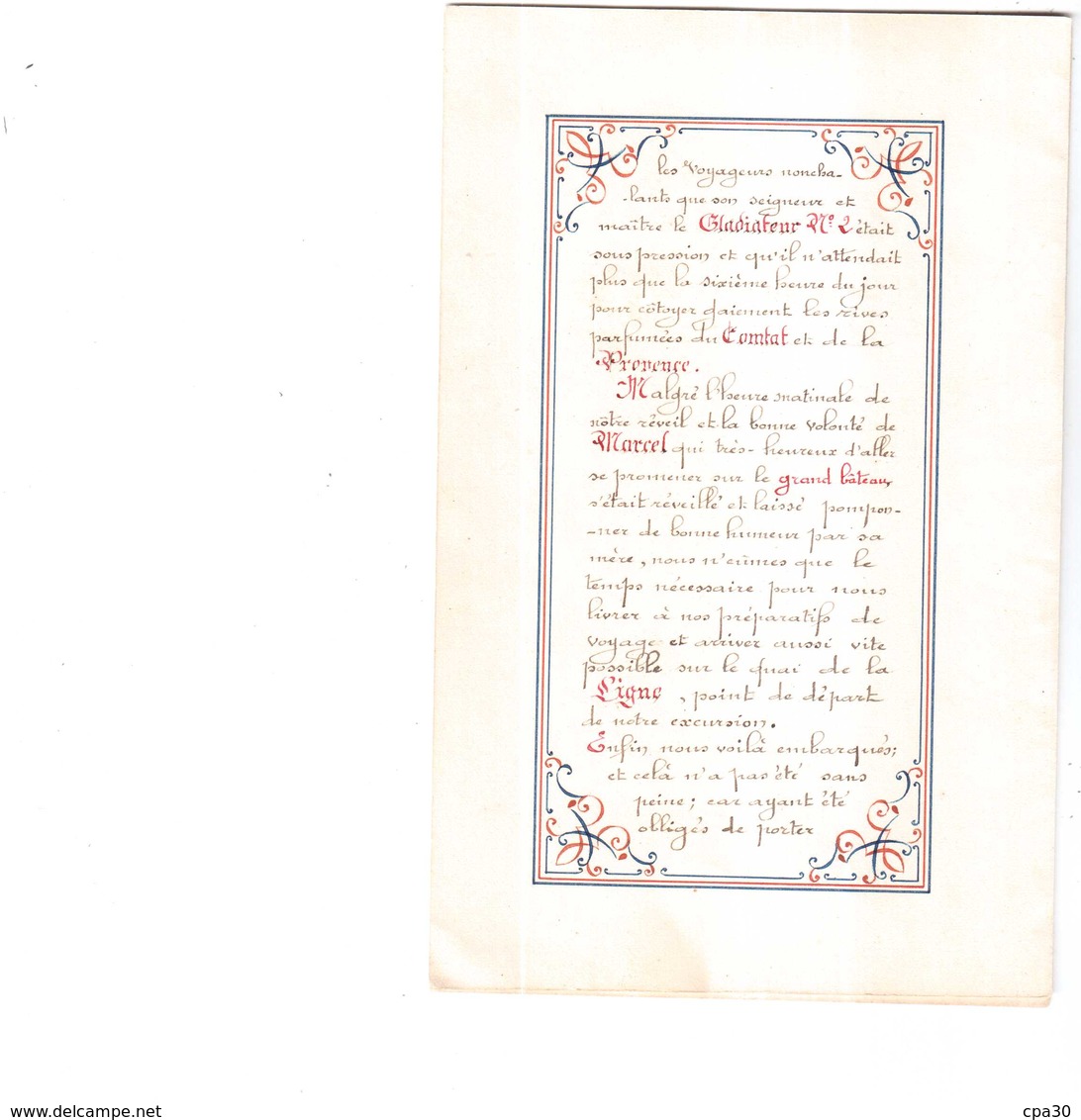 MANUSCRIT AVIGNON 1894.FAIT A LA MAIN.VOYAGE DE MARCEL D'AVIGNON A ARLES.14 MAI 1894 TEXTE ET DESSIN A LA PLUME - Manuscrits