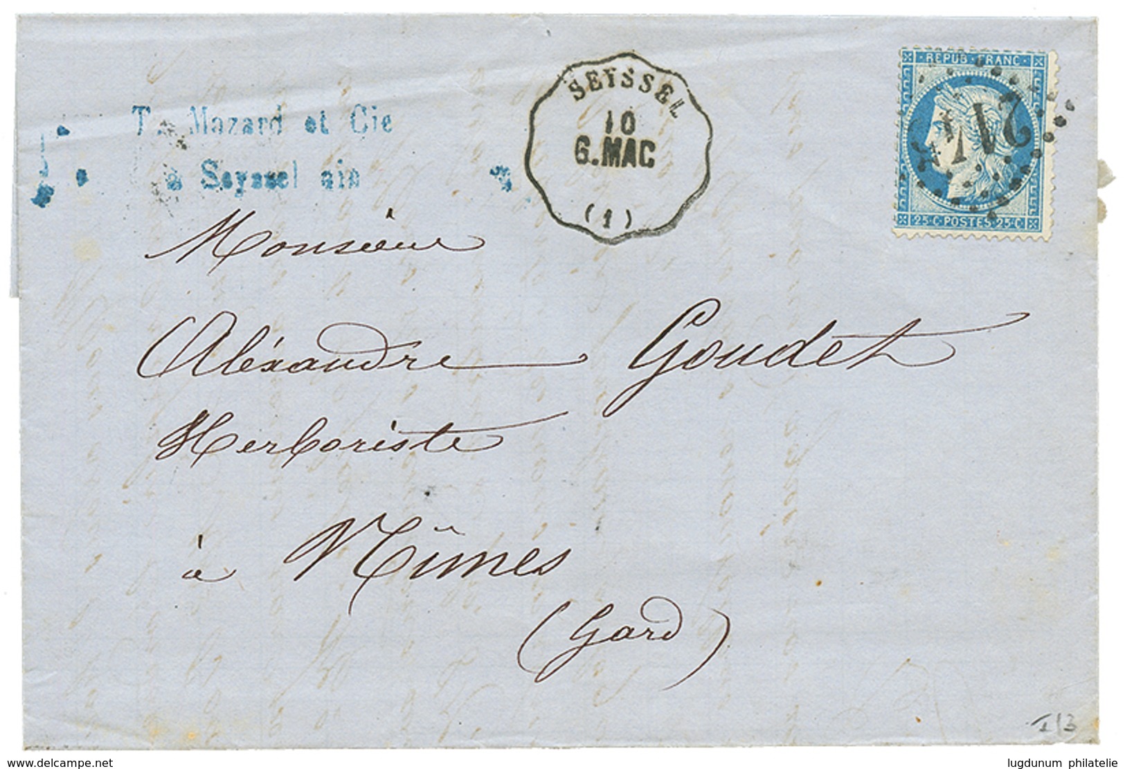 1875 25c CERES (n°60) Obl. GC 2145 + Convoyeur SEYSSEL/G.MAC Sur Lettre Pour NIMES. Superbe. - Altri & Non Classificati