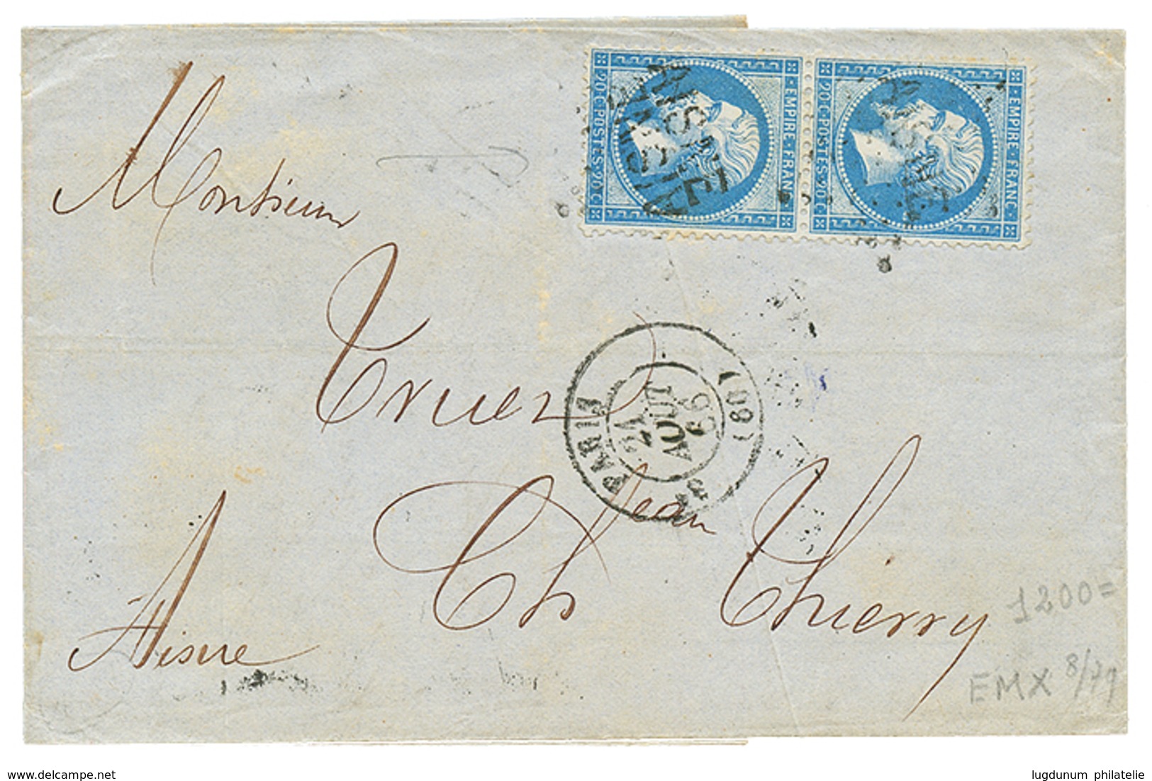 "Griffe AISNE" : 1866 Paire 20c(n°22) Obl. Etoile (frappe Trés Faible) + Cachet Linéaire AISNE Sur Lettre De PARIS Pour  - Otros & Sin Clasificación