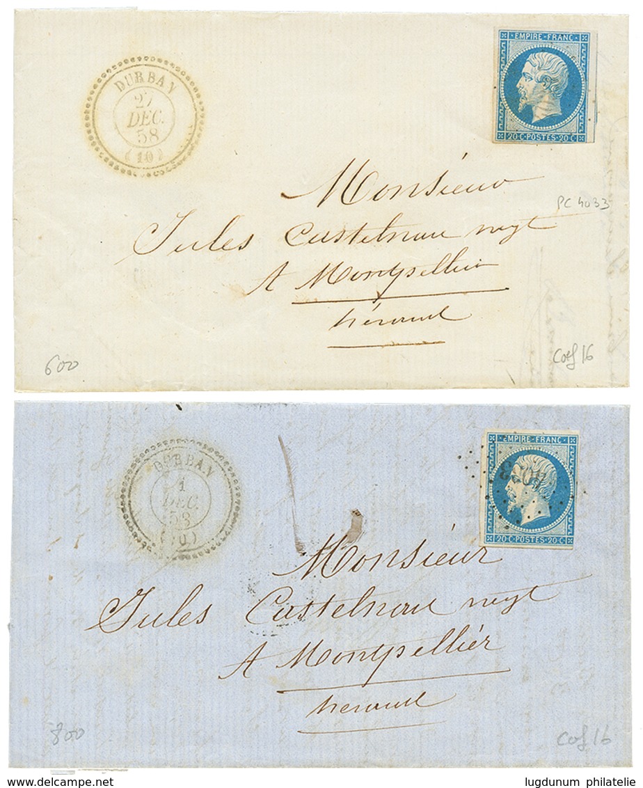2 Lettres : 1858 20c(n°14) Obl. PC 4033 + T.22 DURBAN. Cote 380€. TB. - Sonstige & Ohne Zuordnung