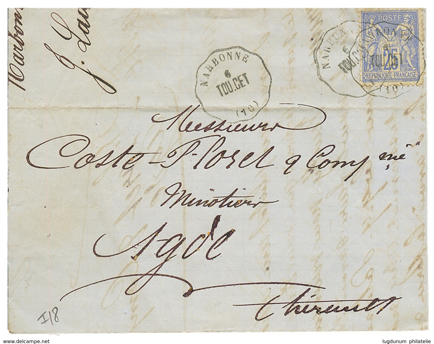 1877 25c SAGE Obl. Convoyeur NARBONNE/ TOU.CET Sur Lettre Pour AGDE. Cote 340€. TTB. - Andere & Zonder Classificatie