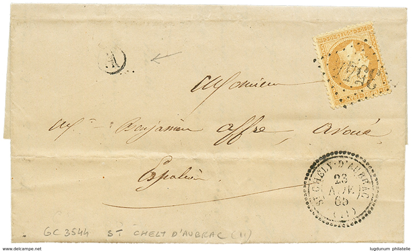 1865 10c(n°21) Obl. GC 3544 + T.22 ST CHELY D' AUBRAC + A= "COINTOU ?" Sur Lettre Avec Texte. TTB. - Autres & Non Classés