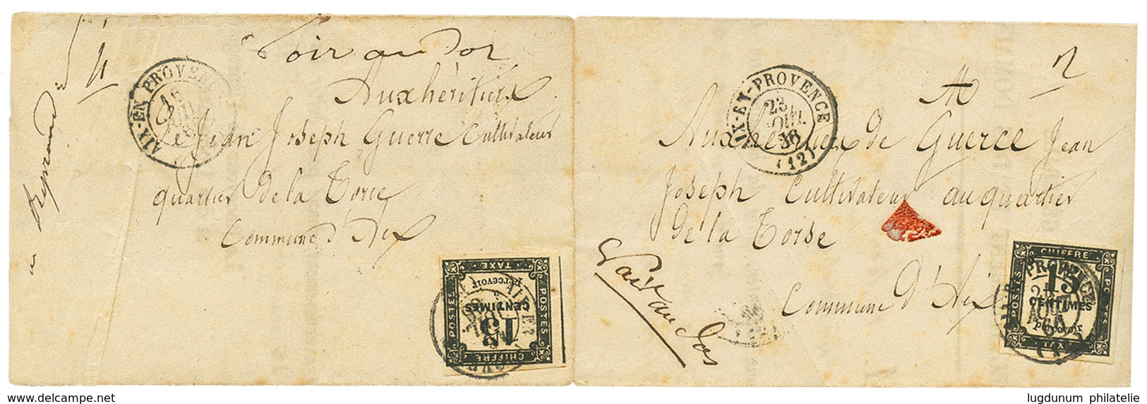 1866 2 Exemplaires Du 15c TAXE Obl. AIX EN PROVENCE Sur Lettre Réutilisée. Curiosité. Superbe. - Otros & Sin Clasificación