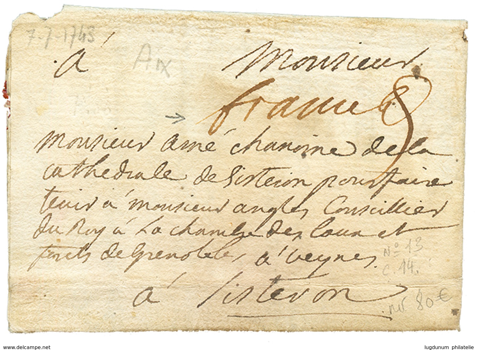 1743 "FRANCS" Manuscrit Sur Lettre Avec Texte D' AIX. Lenain N°13. TTB.' - Autres & Non Classés