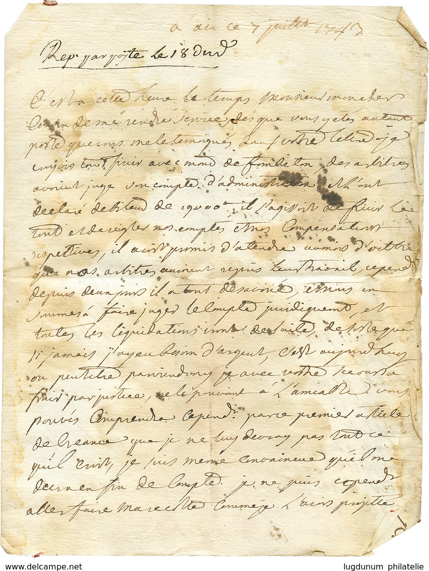 1743 "FRANCS" Manuscrit Sur Lettre Avec Texte D' AIX. Lenain N°13. TTB.' - Other & Unclassified