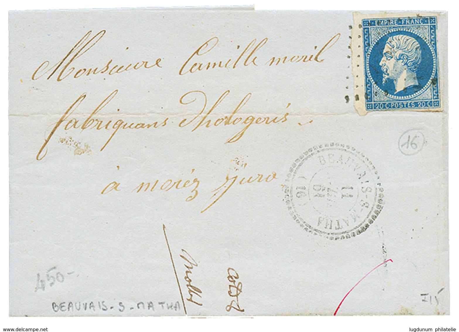 1861 20c(n°14) Bord De Feuille Obl. PC + T.22 BEAUVAIS-S-MATHA Sur Lettre Avec Texte. TB. - Sonstige & Ohne Zuordnung