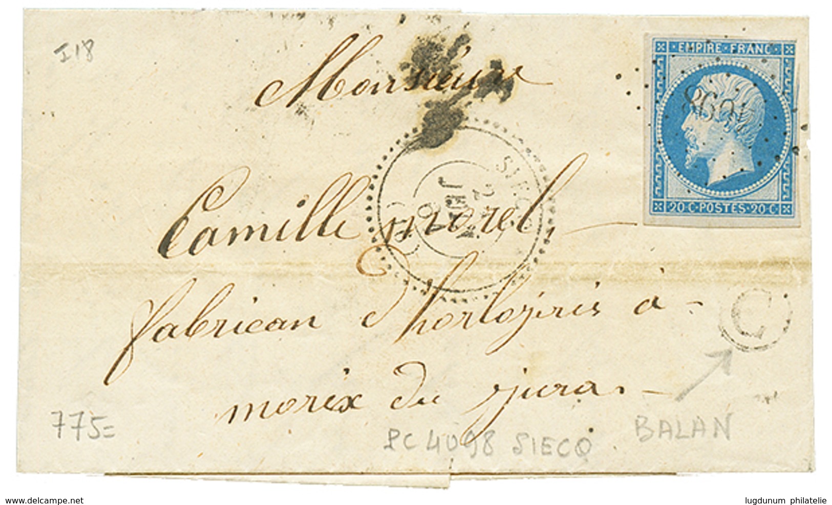 1861 20c(n°14) Obl. PC 4098 + T.22 SIECQ + "C= BALLAN" Sur Lettre Pour MOREZ. TB. - Otros & Sin Clasificación