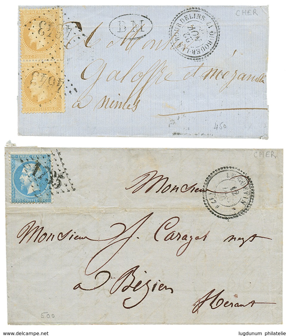 2 Lettres : 1869 N°28(x2) GC 4643 + T.22 OUBOUER-LES-BOURDELINS + B.M Et 1866 N°22 GC 1735 + T.22 LE GUETIN. TB. - Altri & Non Classificati