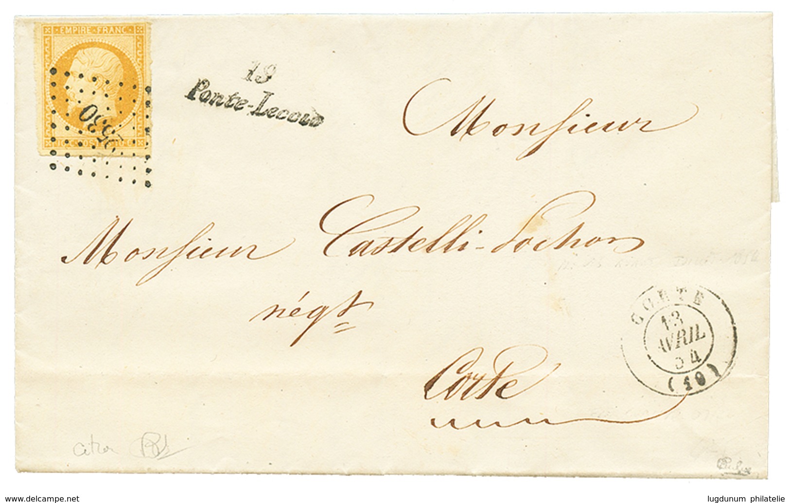 CORSE : 1854 10c (n°13e) Nuance CITRON Obl. PC 2530 + Cursive Rare 19 PONTE-LECCIA Sur Lettre Avec Texte Pour CORTE. RAR - Other & Unclassified