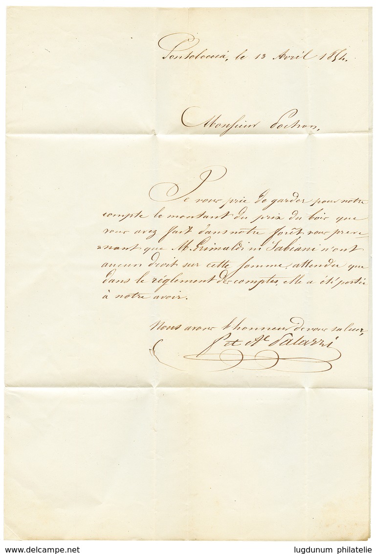 CORSE : 1854 10c (n°13e) Nuance CITRON Obl. PC 2530 + Cursive Rare 19 PONTE-LECCIA Sur Lettre Avec Texte Pour CORTE. RAR - Autres & Non Classés