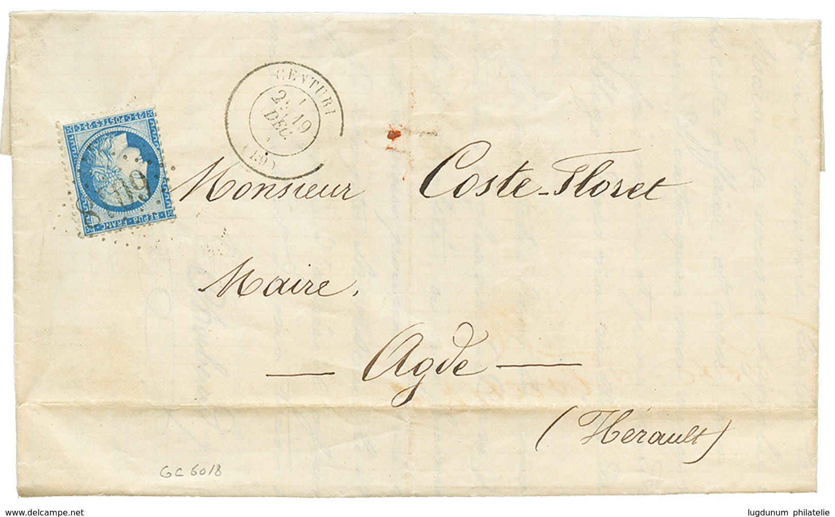 "MORSIGLIA Via CENTURY" : 1874 25c CERES(n°60) Obl. GC 6018 + T.17 CENTURY Sur Lettre Avec Texte Daté "MORSIGLIA CORSE". - Otros & Sin Clasificación