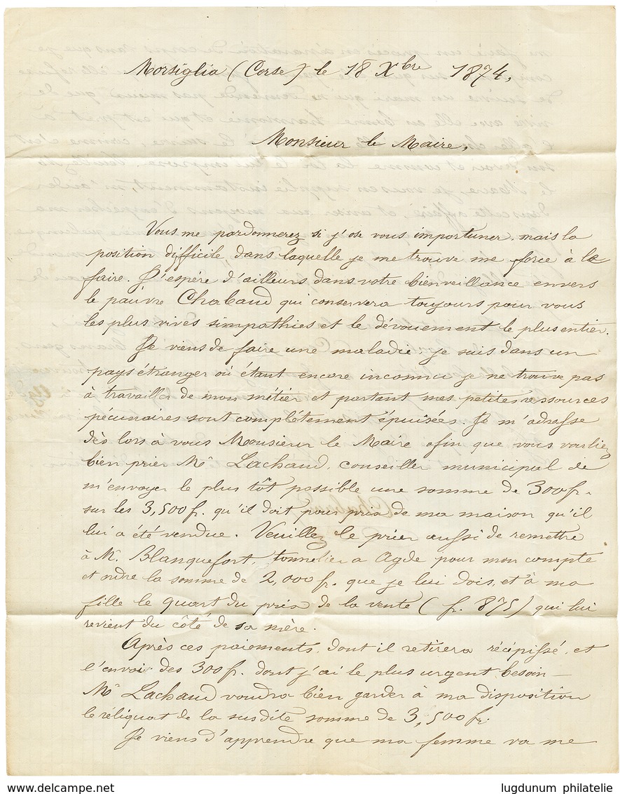 "MORSIGLIA Via CENTURY" : 1874 25c CERES(n°60) Obl. GC 6018 + T.17 CENTURY Sur Lettre Avec Texte Daté "MORSIGLIA CORSE". - Andere & Zonder Classificatie