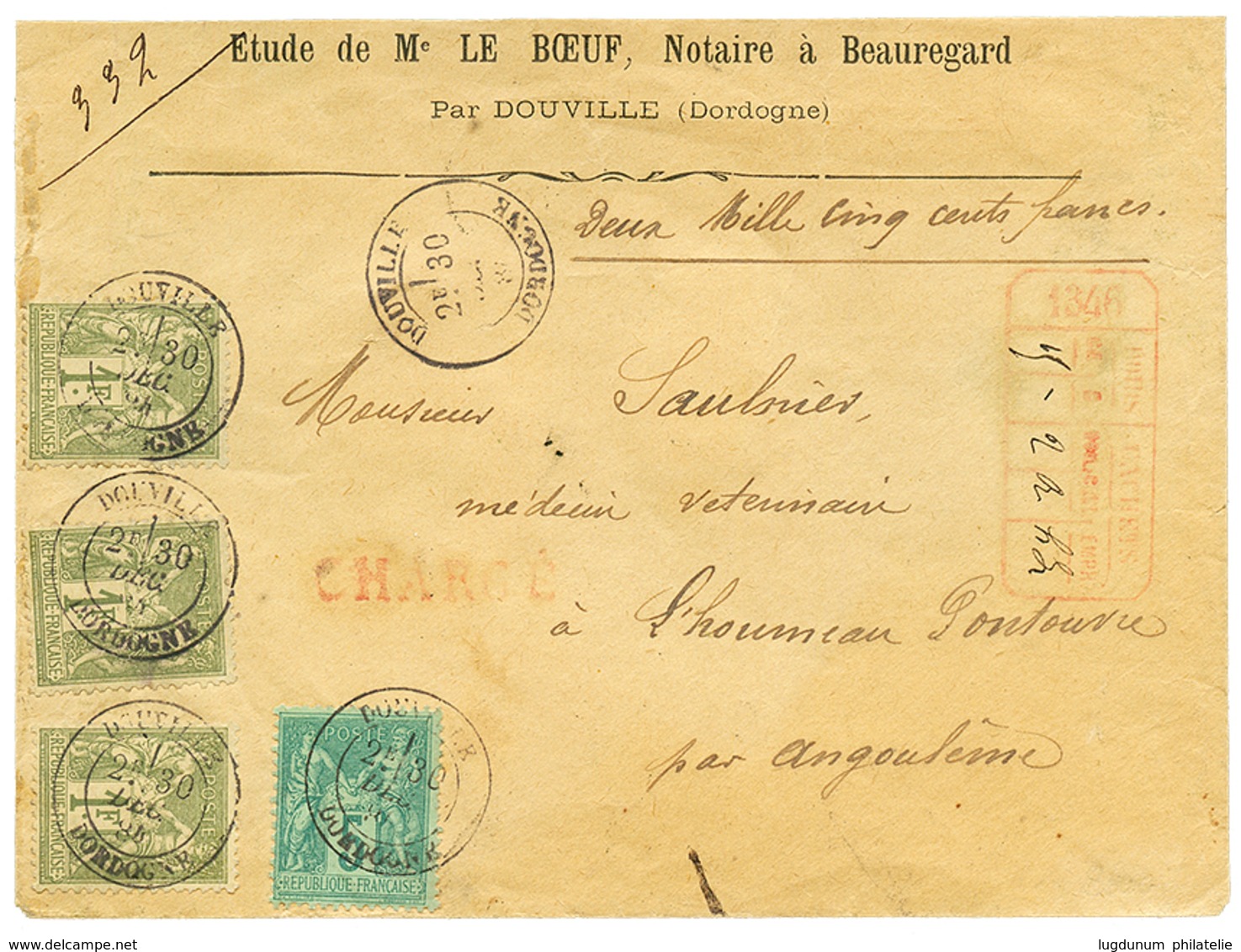 1881 SAGE 1F(x3) + 5c Obl. DOUVILLE DORDOGNE + Grille De CHARGEMENT 1346 (rare Au Recto) Sur Enveloppe CHARGEE. RARE. TB - Otros & Sin Clasificación