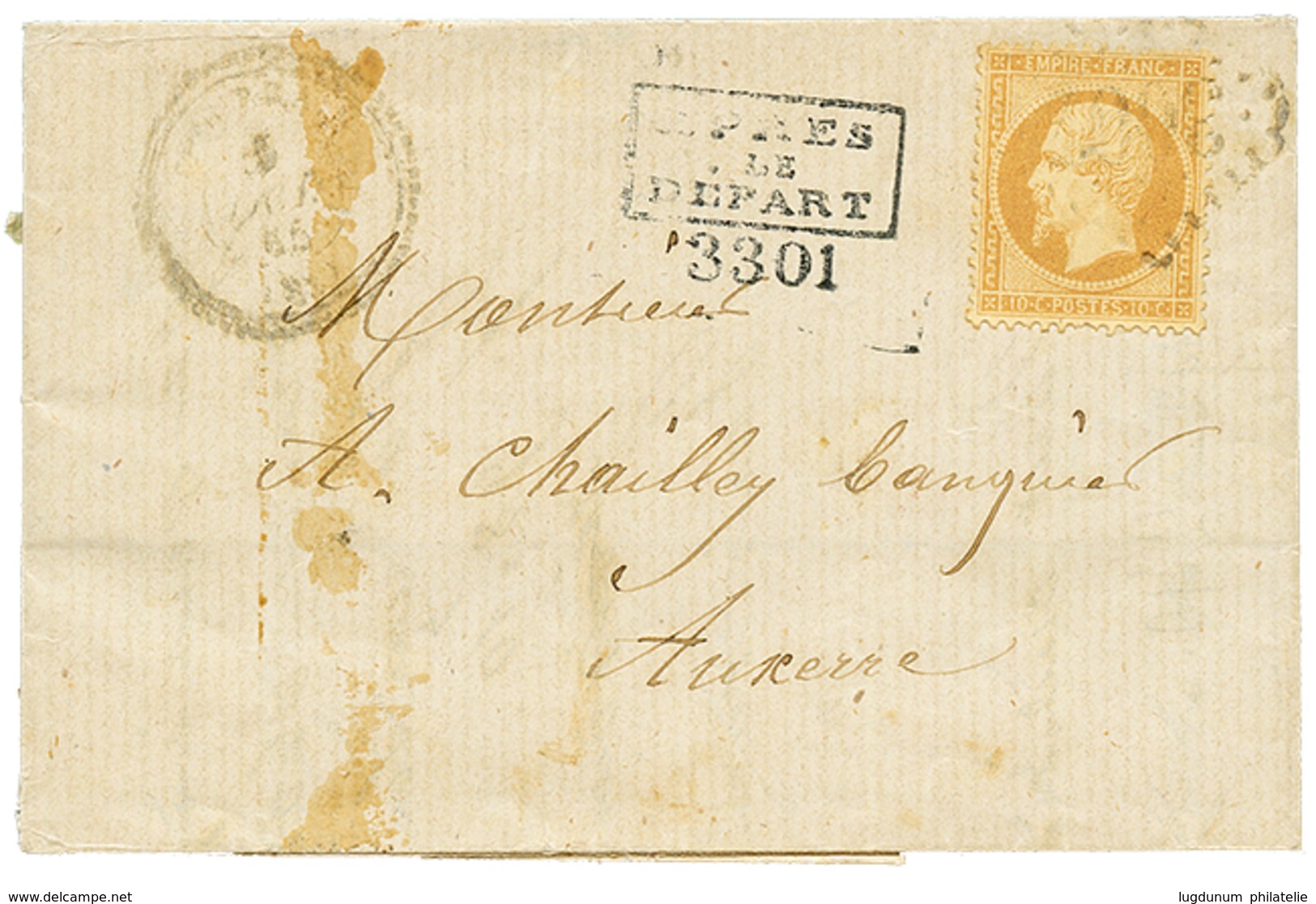 1865 10c(n°21) Obl. GC 3007 + Cachet Type Spécial APRES LE DEPART/ 3301 Sur Lettre(tâche) Avec Texte Daté "POURRAIN (YON - Andere & Zonder Classificatie