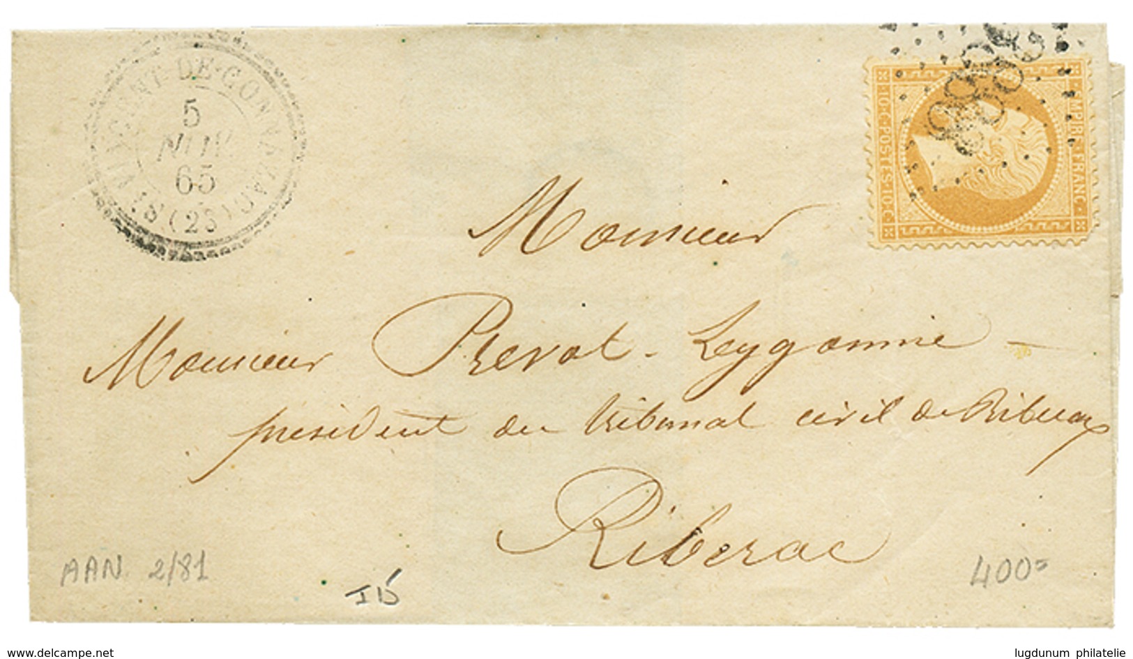 1865 10c(n°21) Obl. GC 3888 + T.22 ST VINCENT DE CONNEZAC Sur Lettre Pour RIBERAC. TB. - Autres & Non Classés