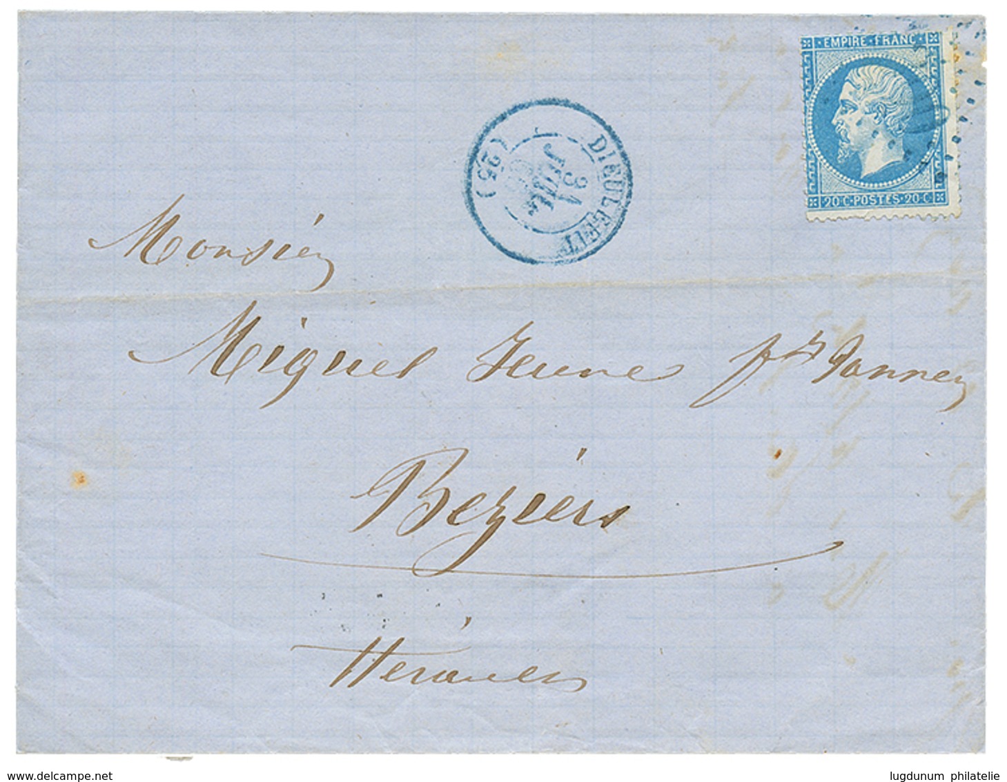 "GROS CHIFFRE Bleu" : 1866 20c(n°22) Obl. GC 1300 En Bleu + T.15 DIEULEFIT En Bleu Sur Lettre Pour BEZIERS. Très RARE. S - Andere & Zonder Classificatie