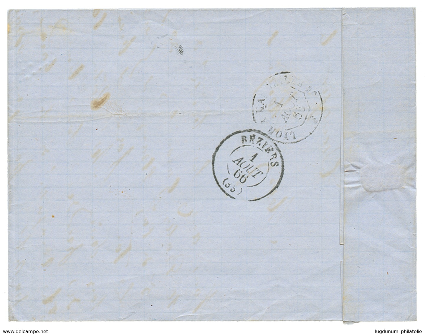 "GROS CHIFFRE Bleu" : 1866 20c(n°22) Obl. GC 1300 En Bleu + T.15 DIEULEFIT En Bleu Sur Lettre Pour BEZIERS. Très RARE. S - Autres & Non Classés